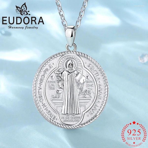 Pingentes Eudora Real 925 Prata de prata esterlina Saint Benedict Patronus Colar Religious Cross Amulet Pinging for Men Women Fine Jewelry Gift