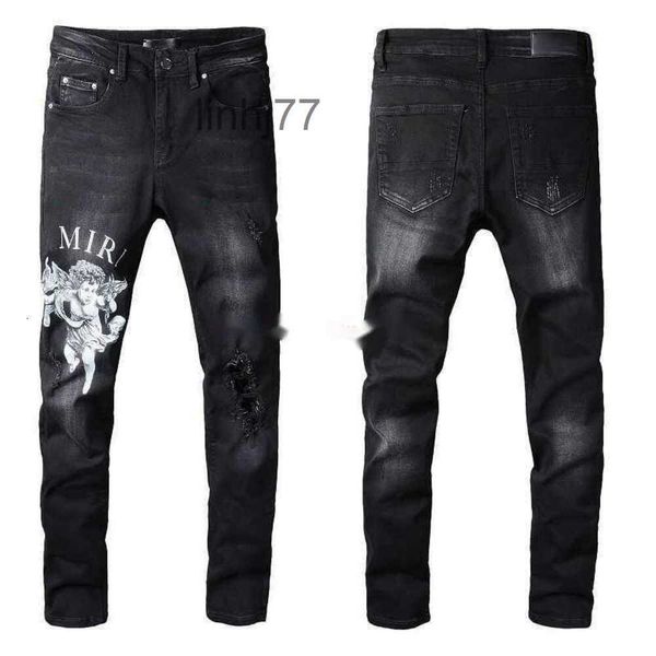 Pantaloni jeans da uomo firmati Amires Pantaloni denim 817 Nero Amies High Street Lettera Modello angelo Casual Micro cotone elastico Pantaloni attillati per uomo DistresP