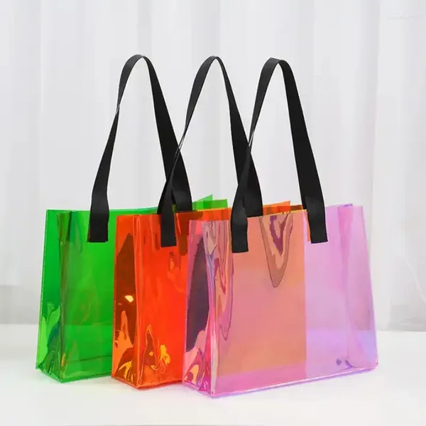 Borse per la spesa Borsa tote trasparente al neon personalizzata da 200 pezzi, regalo per feste olografiche da spiaggia trasparente