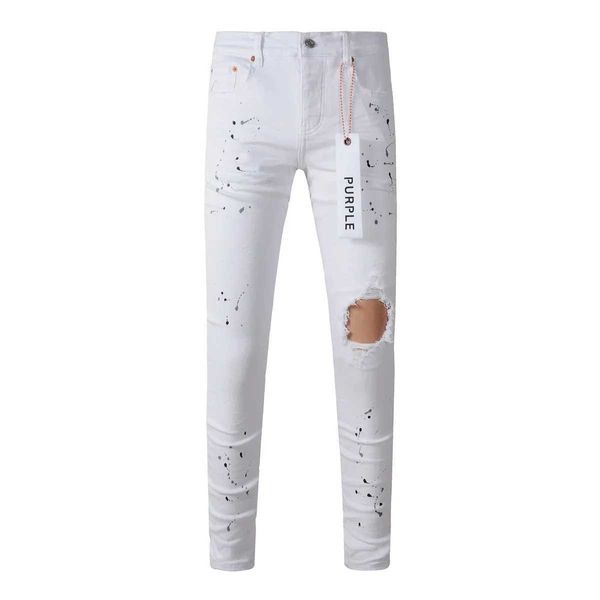 Roxo Marca Mens High Street Slim Fit Destruído Buraco Branco Hip Hop Splash-ink Denim Jeans Calças Compridas Streetwear