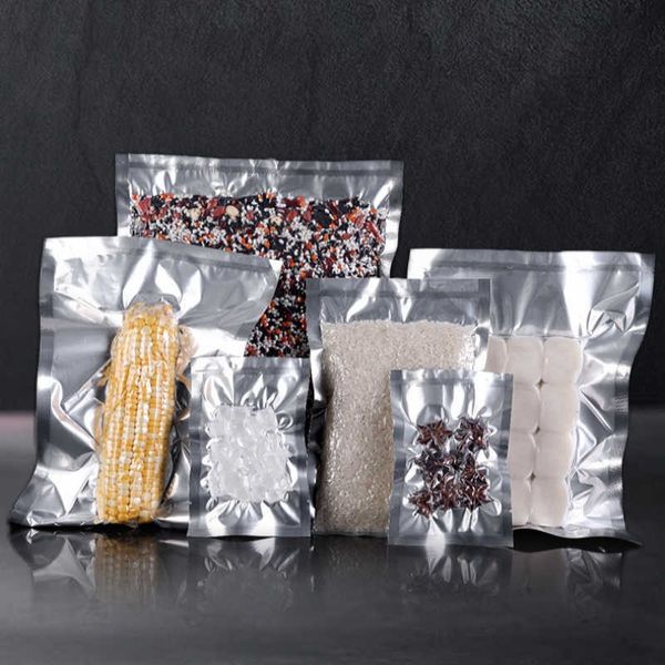 Alimenti piatti Sacchetti per imballaggio in foglio di alluminio sottovuoto Mylar Open Top Sigillatura termica Busta per snack Chicchi di frutta secca Chicco di caffè Riso Tè Ziploc Congelatore Stoccaggio al dettaglio