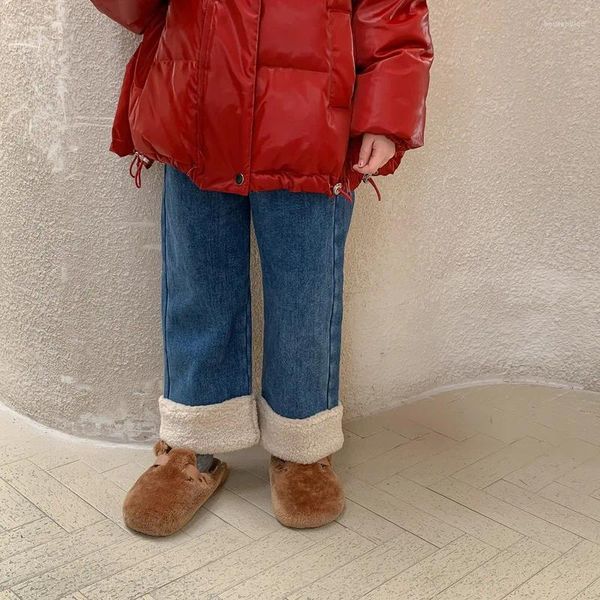 Pantaloni 2024 coreano inverno bambini ragazza pantaloni a gamba larga cotone spesso impiombato jeans per bambini pantaloni larghi e versatili in denim per bambini