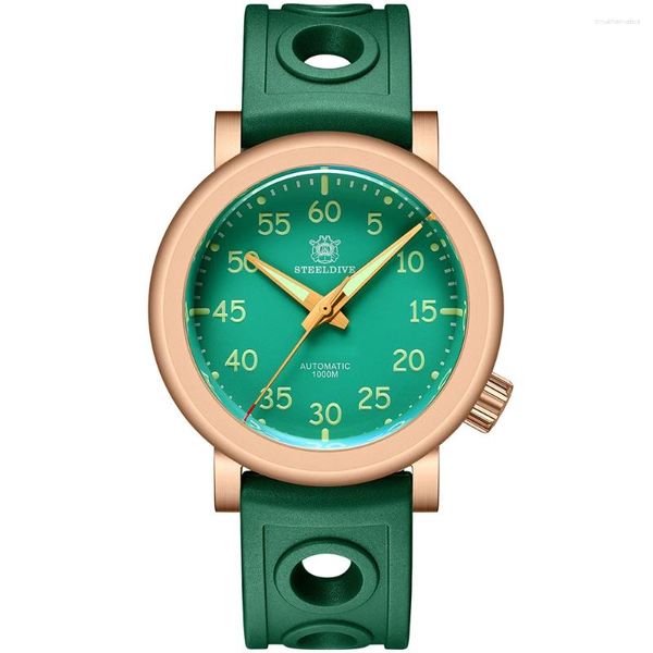 Relógios de pulso Steeldive SD1910S Bronze Verde Dial 1000m Relógios de Mergulho Japão NH35 Automático Mecânico Luminoso C3 Sapphire Borracha Relógio de Pulso