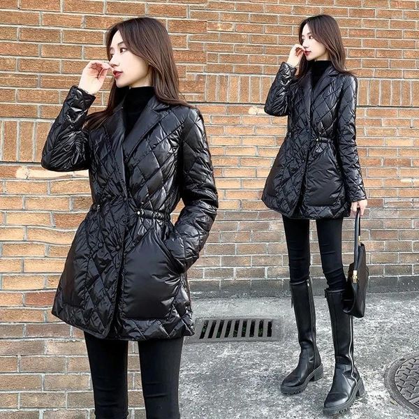 Casacos de trincheira femininos inverno parkas luz para baixo algodão jaqueta cintura comprimento médio brilhante preto quente leve outwear casaco feminino topos