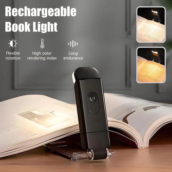 Mini luz led para livro, luz usb recarregável para leitura, proteção para os olhos, clipe portátil para mesa, lâmpada de leitura 240119