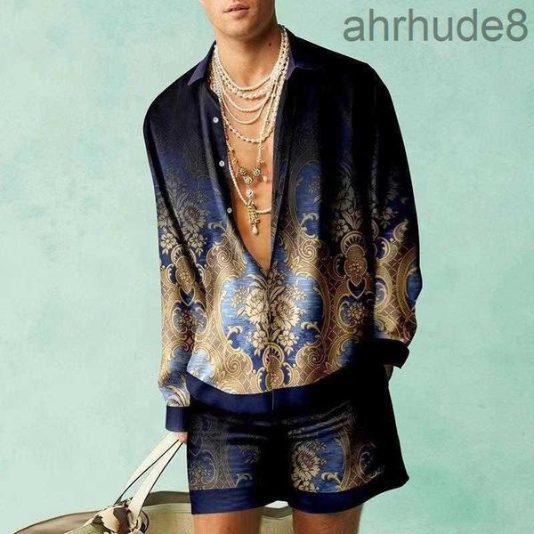 Herren Tracksuits Sommer Hawaiian Suits Vintage 3D gedrucktes zweiteiliger Set Casual Revers Button Down Long Sleeve Shirt und Strand Shorts Outfits E959