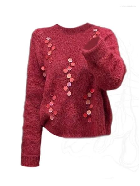 Damenpullover Harajuku Süße Mode Pailletten Pullover Frauen Rot Übergroßer Strickpullover Baggy Koreanischer Plüschpullover Herbst Winter Preppy