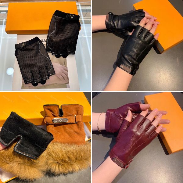 Luxuriöse Designer-Handschuhe aus Leder, halber Fünf-Finger-Handschuh, V-Damen-Schaffell-Leoparden-Fäustlinge, Kaninchenhaar-Winterhandschuhe für Damen, Kaschmir-Innenmütze