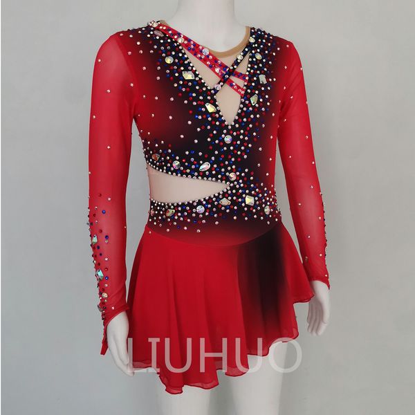 LIUHUO Eiskunstlaufkleid für Mädchen, Teenager, Rot-Schwarz, Eislaufen, Tanzrock, hochwertige Kristalle, dehnbar, Spandex, Tanzbekleidung, Ballettaufführung