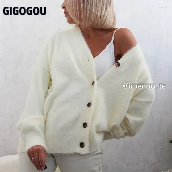 Malhas femininas GIGOGOU Noble Designer Imitação Mink Mulheres Cardigan Suéteres V Neck Único Brested Mulher Cardigans Malha Feminina Jumpers Top