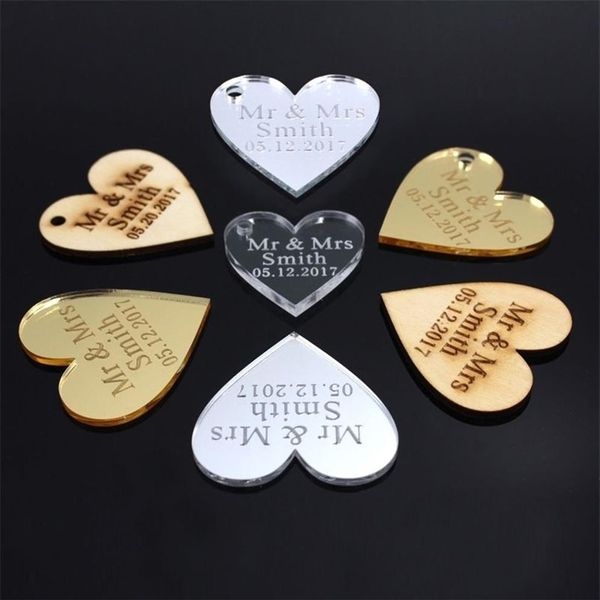 100x personalizado gravado a laser corações de amor peças centrais ouro prata espelho etiquetas de madeira festa de casamento decoração de mesa favores 2279w