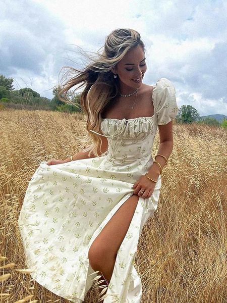 Abiti casual Abito lungo floreale con maniche a sbuffo Abito estivo da donna corto scollo quadrato Con lacci Diviso Bohemian Sexy vintage femminile