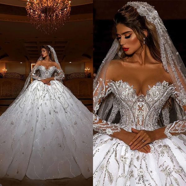 Princesa vestido de baile real vestidos de casamento sheer fora do ombro mangas compridas árabe dubai vestidos de noiva trem varredura renda lantejoulas vestido de noiva
