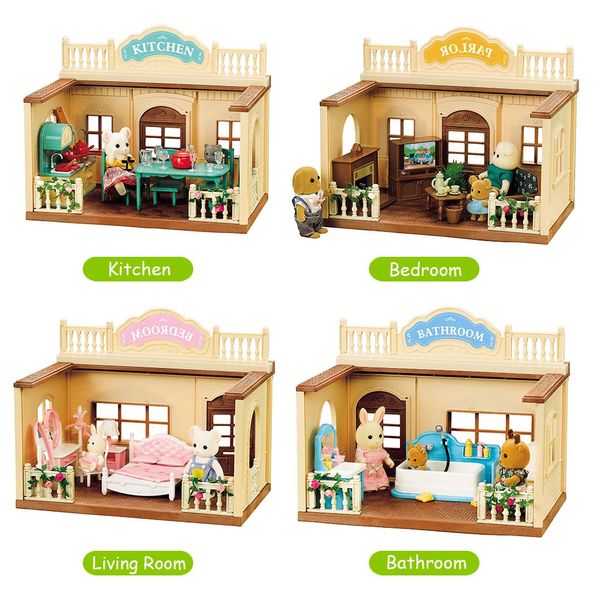 Forest Family Case delle bambole Simulato Bagno Completo Mobili Giocattoli Miniature Soggiorno Completo Casa delle bambole a un piano 240129