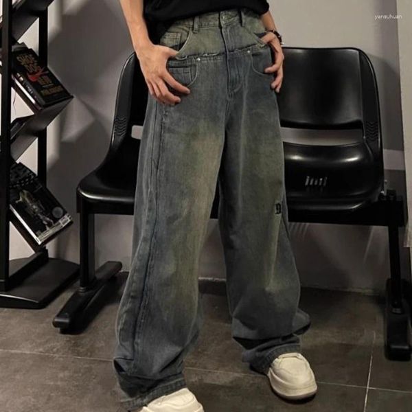 Calças masculinas American Retro Carta Bordada Jeans Casais Emenda Reta Slim Solto Perna Larga Calças Calças Masculinas Roupas