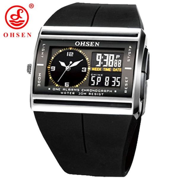 Бренд OHSEN, цифровые двухъядерные часы с ЖК-дисплеем, водонепроницаемые спортивные часы на открытом воздухе, будильник, хронограф с подсветкой, черные резиновые мужские наручные часы L223Z