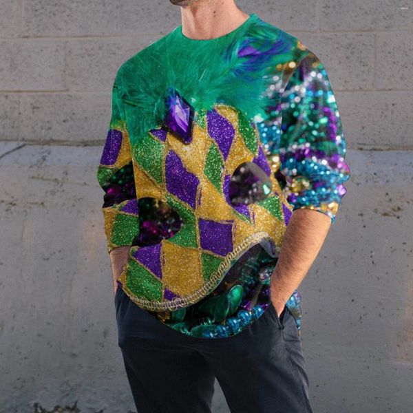 Erkek Tişörtleri Mardi Gras Mencarnival için T-Shirts Lüks Dijital 3D Baskı Tee Uzun Kollu Crewneck Gevşek Gömlek Şık Sokak Giyim Adamı