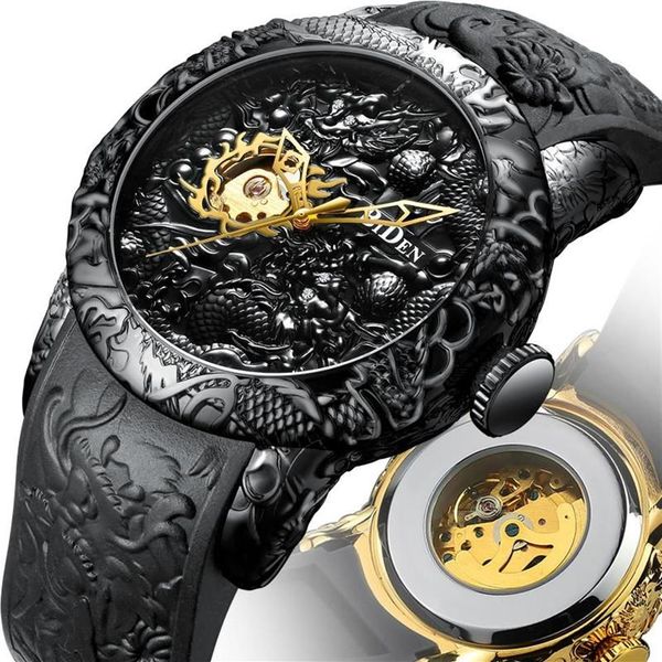 Orologi da polso BIDEN Moda Oro Drago Scultura Orologio da uomo Meccanico automatico Impermeabile Cinturino in silicone Orologio da polso Relojes Hombr289I