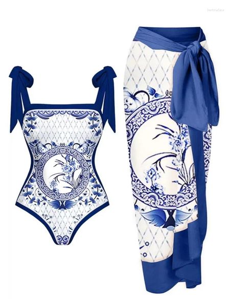 Roupa de banho feminina moda impressa maiô 2024 uma peça cintura alta apertada e sem costas conjunto de duas peças para praia férias nadar