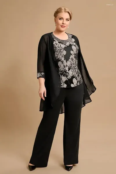 Calças femininas de duas peças Mulheres Pant Define Plus Size Mãe da Noiva 3/4 Manga Três Peças Set Ternos Moda Floral Impresso Chiffon Xale