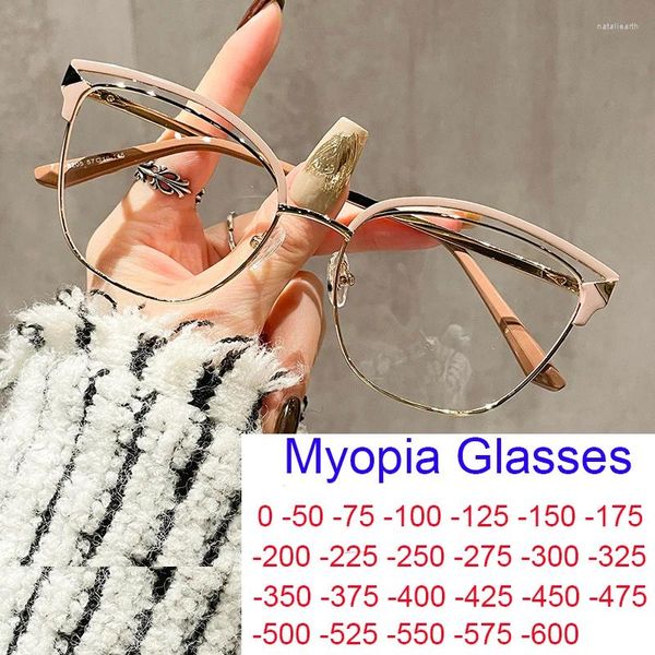 Óculos de sol anti luz azul óculos míopes para mulheres óptica miopia óculos moda oco gato olho quadro pontos menos -1 -3