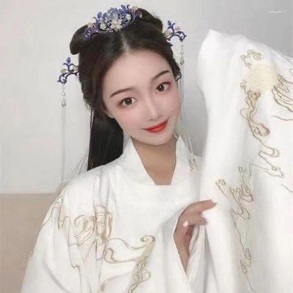 Fermagli per capelli Cinese lungo bastone Tiara copricapo Fiore Perle di cristallo Perni Set di gioielli fatti a mano Hanfu Accessori donna