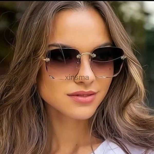 Sonnenbrille 2021 Mode Luxus Randlose Metall Scharnier Rahmen Sonnenbrille Frauen Retro Quadratischen Gradienten Sonnenbrille Marke Designer UV400 YQ240131