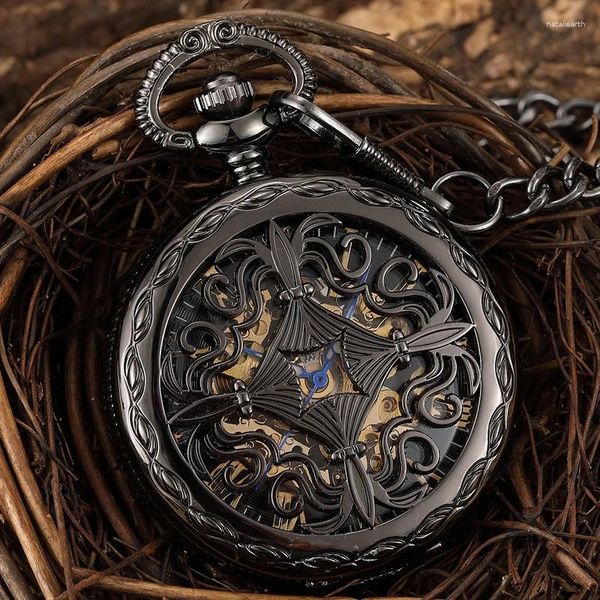 Orologi da tasca Orologio meccanico unico Quadrante nero cavo a carica manuale Collezione con ciondolo Fob Catena Scheletro Steampunk Orologio