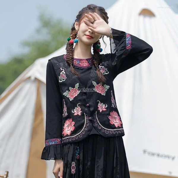 Abbigliamento etnico 2024 donne cinesi stile raso jacquard ricamo gilet di cotone fatto a mano cheongsam pulsante senza maniche gilet con scollo a V T001