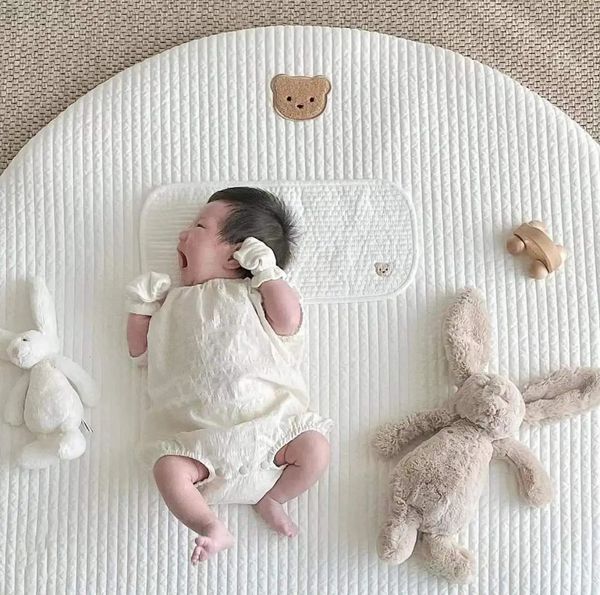 Ins coreano bebê circular rastejando tapete removível e lavável tapete de chão coelho flor bordado tapete de decoração de quarto infantil 240131