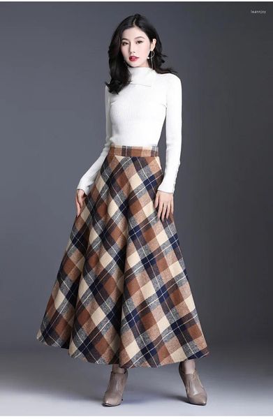 Юбки 2024, осенне-зимняя женская трикотажная длинная юбка, толстая теплая винтажная плиссированная миди с геометрическим принтом и высокой талией, женская H949