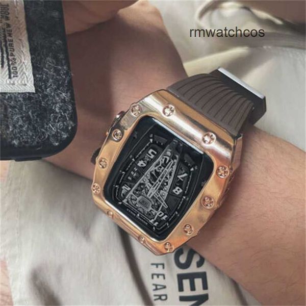 Relógios mecânicos enrolamento automático relógio de pulso masculino apple watch série se 44/45mm estilo richardmill mod kit capa protetora + pulseira 7jre