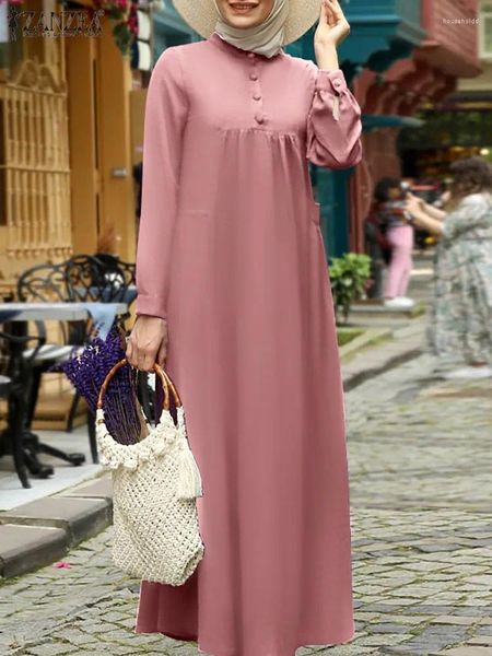 Roupas étnicas Kaftan Mulheres Primavera Sundress ZANZEA Muçulmano Vestido Sólido Manga Comprida Bolsos Botões Vestidos Feminino Robe Turco Femme