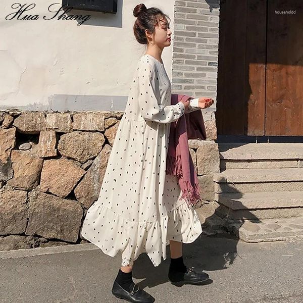 Günlük elbiseler gevşek büyük boy elbise Kore moda kadınlar Sonbahar uzun kollu nokta baskı maksi bayanlar tunik fırfırlar