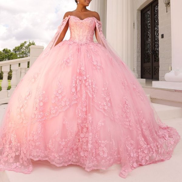 México rosa fora do ombro vestido de baile quinceanera vestido para menina applique renda tull com cabo vestidos de festa de aniversário vestidos de baile doce 16