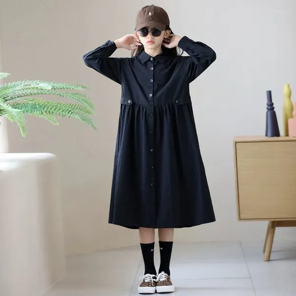 Vestidos de menina estilo coreano meninas manga comprida camisa de algodão vestido casual midi solto robe azul marinho CL618