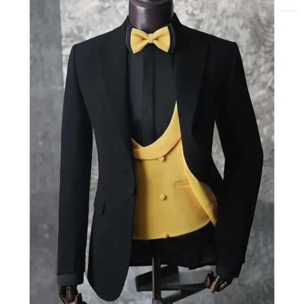 Ternos masculinos preto blazer terno único breasted notch lapela três peças jaqueta calças colete amarelo fino ajuste traje de casamento hombre