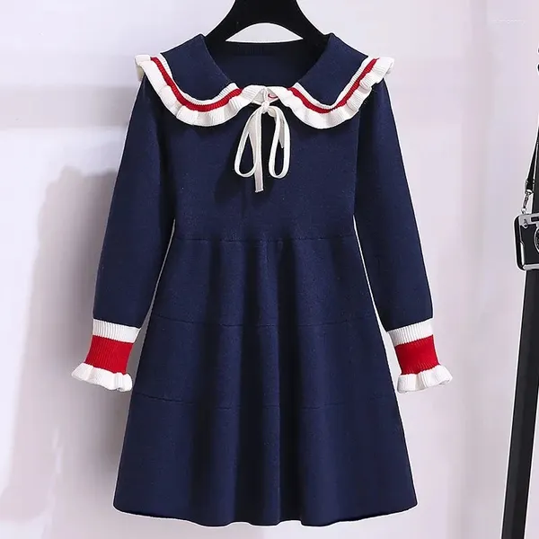 Kız Elbiseler 2024 Sonbahar Kış Gençleri Kızlar Çocuk Örgü Sweater Prenses Giysileri JK Sailor Western Bowtie 4 5 6 7 8 9 10 11 Yıl