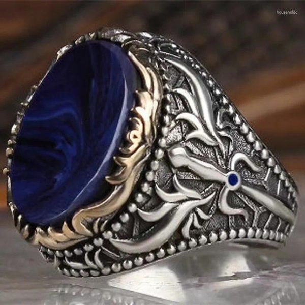 Anéis de cluster retro artesanal anel turco para homens vintage espadas duplas preto zircão punk 2024 na moda islâmica religiosa muçulmana jóias