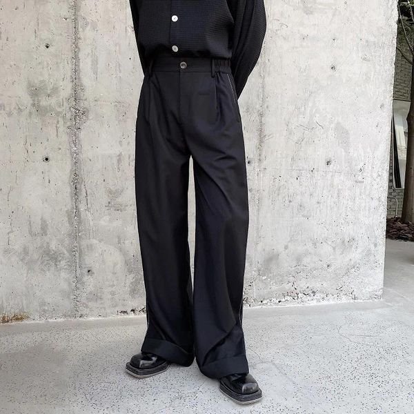 Мужские брюки 2024, мужские японские брюки с лентой, корейские широкие брюки сбоку, уличная одежда, модные свободные повседневные брюки в стиле хип-хоп, прямой костюм, мужские танцевальные брюки