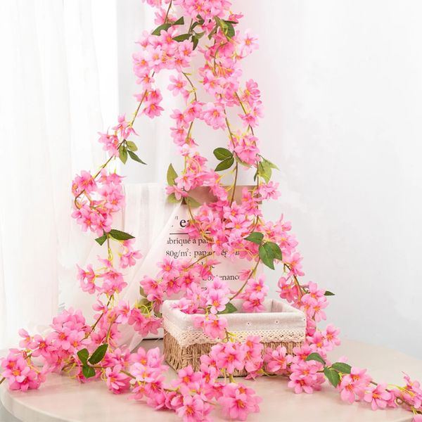 18 flores de cerejeira artificiais, decorações de parede de videira, rattan, folha de planta falsa, tecelagem, decoração de casa romana 240131