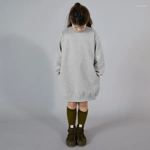 Vestidos para meninas de inverno, vestido de algodão orgânico para crianças, gola redonda, mangas compridas, quente e confortável, reto com bolsos tz341