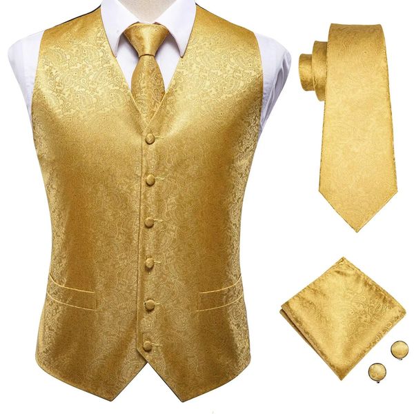 HiTie Luxury Gold Gilet da uomo Cravatta in seta Gemelli Hanky Set Jacquard Floral Paisley Gilet Giacca senza maniche per matrimonio maschile 240127