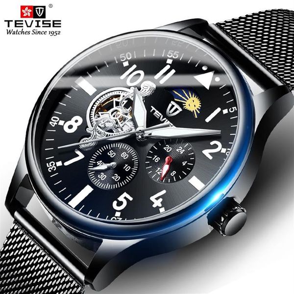 Neue Ankunft TEVISE Männer Automatische Mechanische Uhr Voller Stahl Tourbillon Armbanduhr Mondphase Chronograph Clock2139