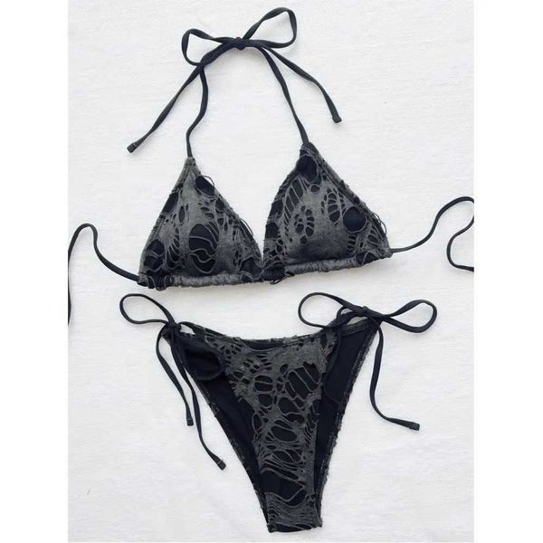 Kadın Mayo Gotik Grunge Mayo Sıkıntılı Micro Bikini Y2K Mayo Yular Strappy Lace Up 2024 Trend Kadın Punk Yeni Plaj Mayo J240131