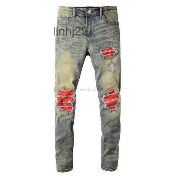 Jeans da uomo Abbigliamento firmato Amires Denim Nebbia Amies Marchio di moda Lavare i fori d'acqua Fare la vecchia toppa rossa che dimagrisce Uomo High StreT1TH