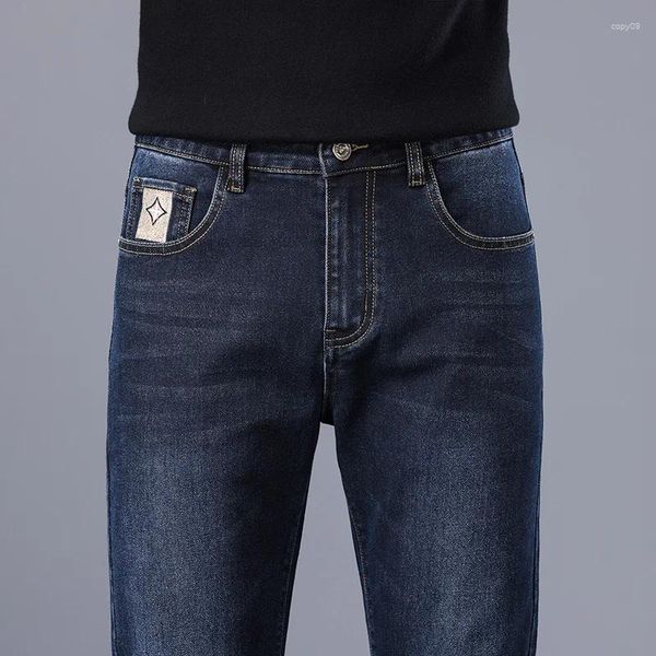 Calças de brim masculinas 2024 primavera azul escuro marca de perna reta de alta qualidade estilo clássico negócios casual algodão estiramento calças jeans masculino