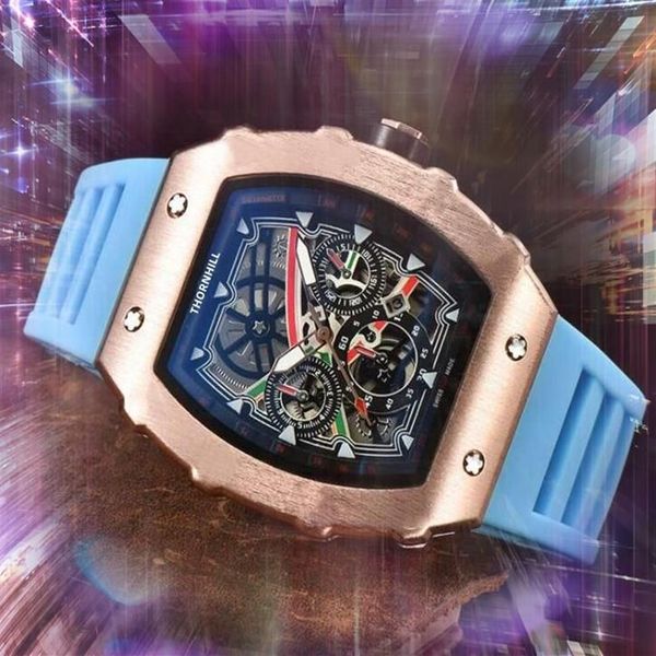 Beliebte USA Europa Herrenuhren 43mm Größe Skelett Zifferblatt Uhr Armbanduhren Gummigürtel Quarz Automatikwerk Kalender Stunde Moo259m