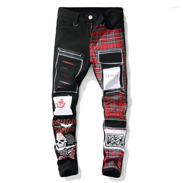 Calças de brim masculinas preto moda punk patchwork rua estiramento hip hop slim fit buracos denim calças de algodão