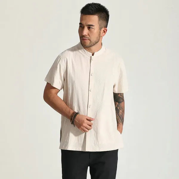 Camisas casuais masculinas 2024 homens algodão bege branco preto mandarim colarinho único breasted manga curta tops masculino estilo zen top verão primavera